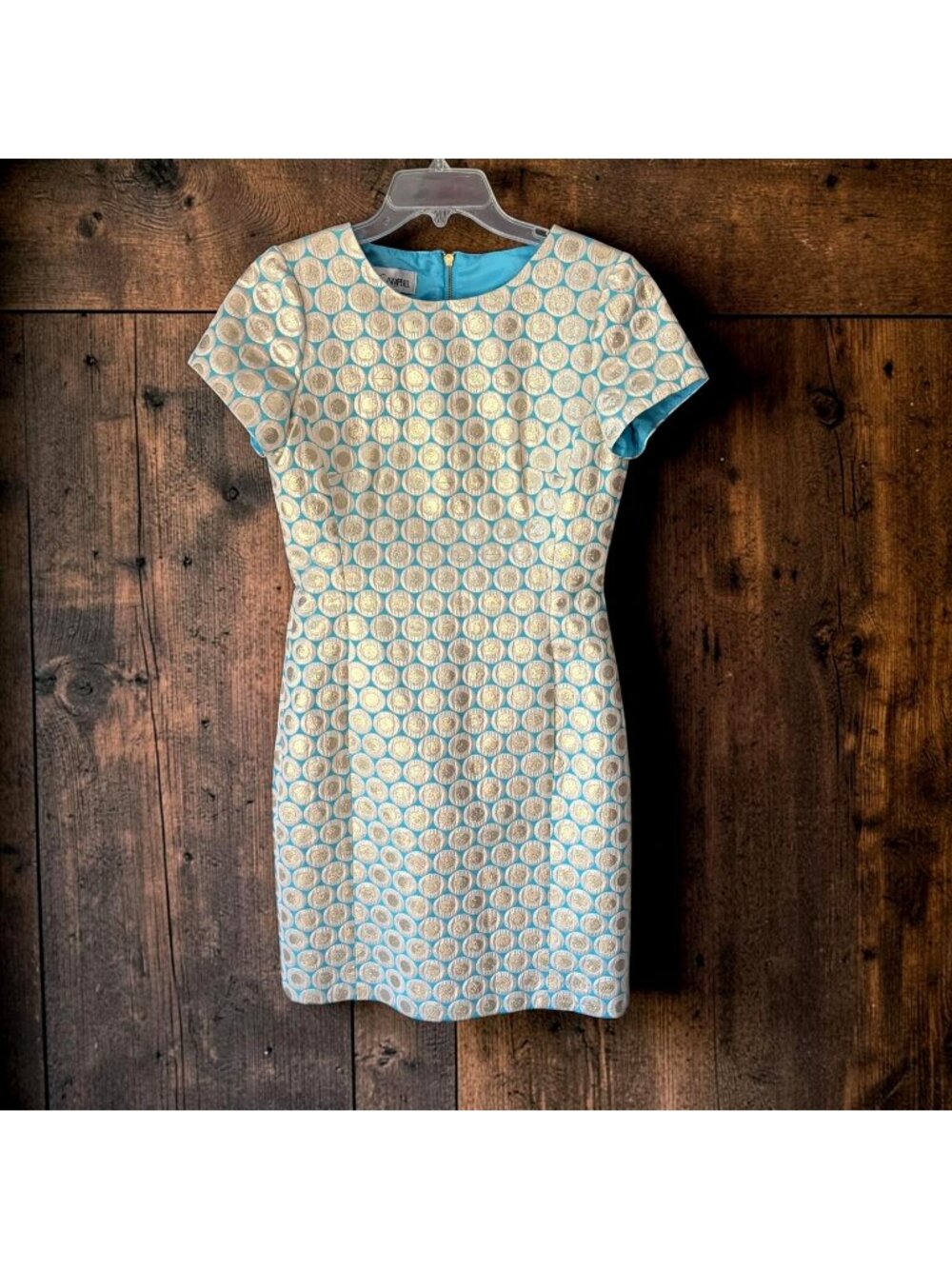Sara Campbell Dress Size 2 Blue Gold Metallic Brocade Jacquard Sheath Pockets